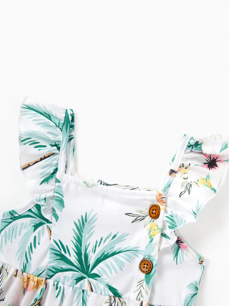 Daddy & Me Tropical Print Outfits,Daughter Tank Dress & Dad Cotton T-Shirt Set Green