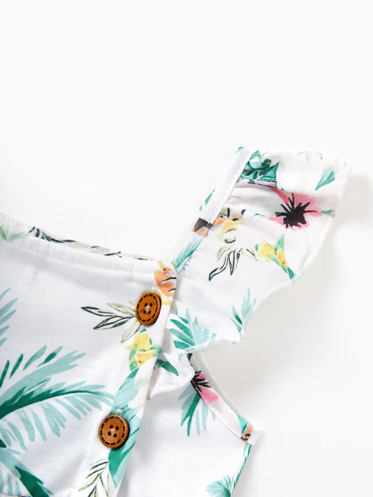 Daddy & Me Tropical Print Outfits,Daughter Tank Dress & Dad Cotton T-Shirt Set Green