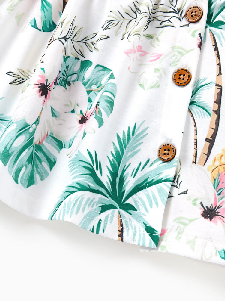 Daddy & Me Tropical Print Outfits,Daughter Tank Dress & Dad Cotton T-Shirt Set Green