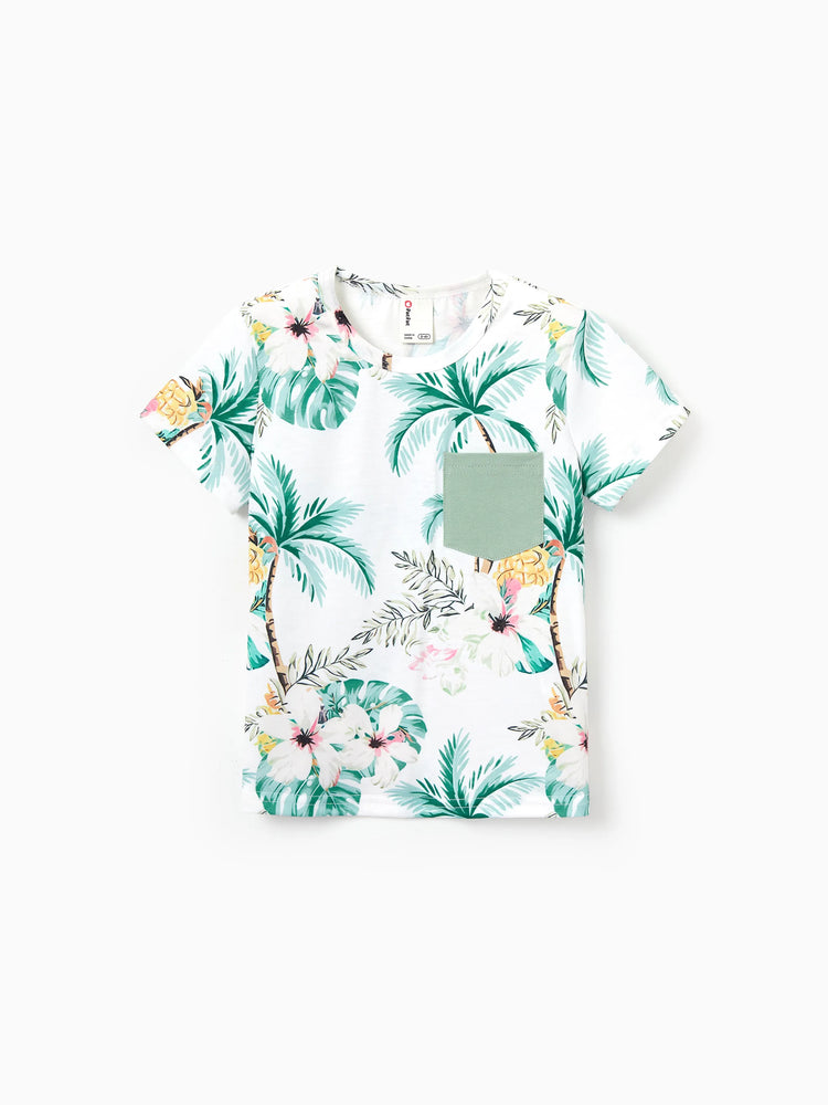 Daddy & Son Tropical Print Outfits,Dad/Kids Cotton T-Shirt Set Green