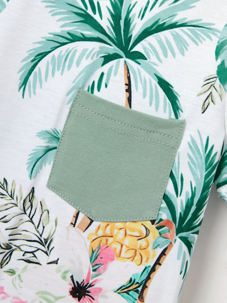 Family Matching Tropical Print Outfits Mommy & Me Tank Dress & Dad/Kids Cotton T-Shirt Set
 Green