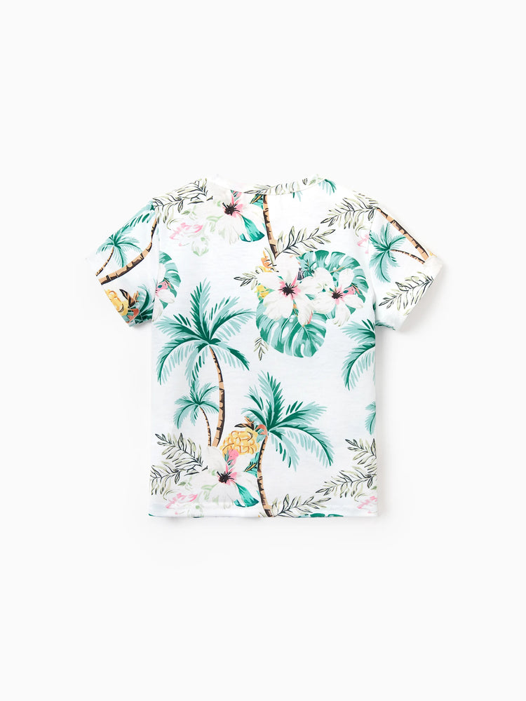 Mommy & me Tropical Print Outfits Mommy & Me Tank Dress & Kids Cotton T-Shirt Set Green