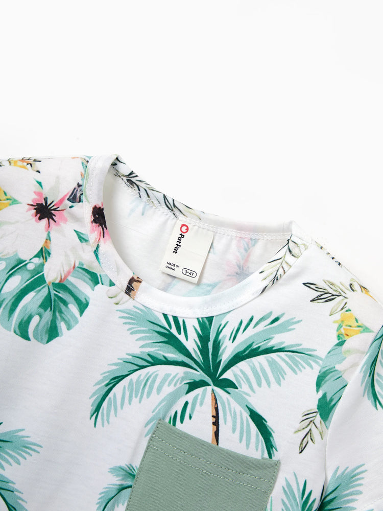 Family Matching Tropical Print Outfits Mommy & Me Tank Dress & Dad/Kids Cotton T-Shirt Set
 Green