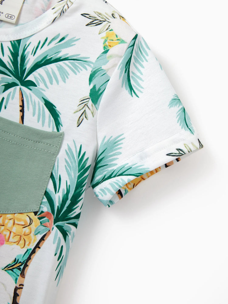 Family Matching Tropical Print Outfits Mommy & Me Tank Dress & Dad/Kids Cotton T-Shirt Set
 Green