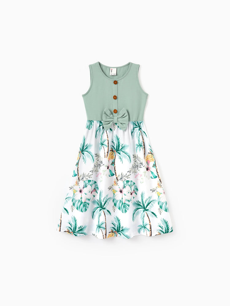 Mommy & me Tropical Print Outfits Mommy & Me Tank Dress & Kids Cotton T-Shirt Set Green