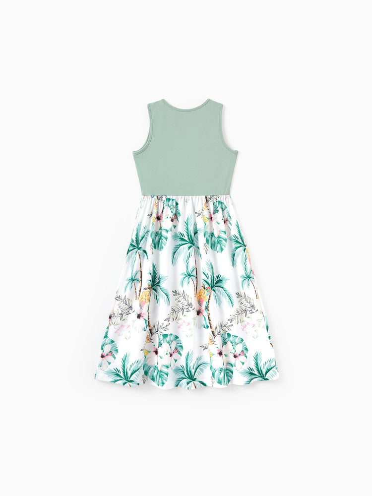 Daddy & Me Tropical Print Outfits,Daughter Tank Dress & Dad Cotton T-Shirt Set Green