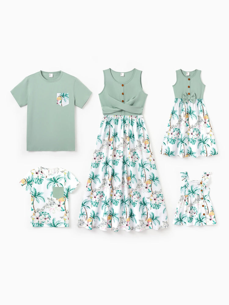 Daddy & Me Tropical Print Outfits,Daughter Tank Dress & Dad Cotton T-Shirt Set Green