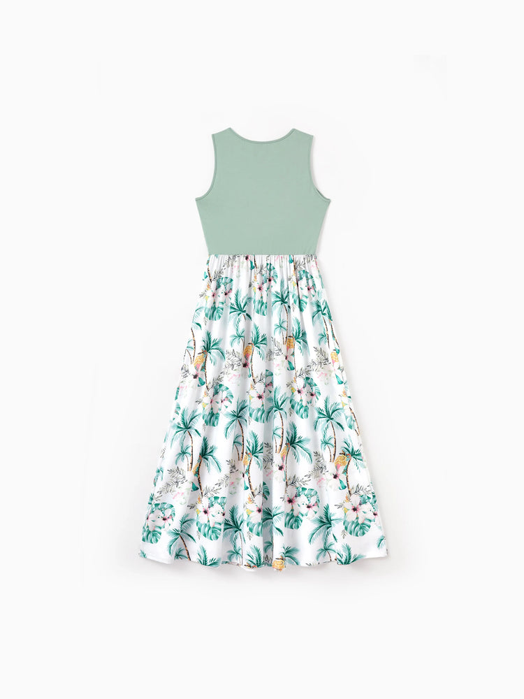 Family Matching Tropical Print Outfits Mommy & Me Tank Dress & Dad/Kids Cotton T-Shirt Set
 Green
