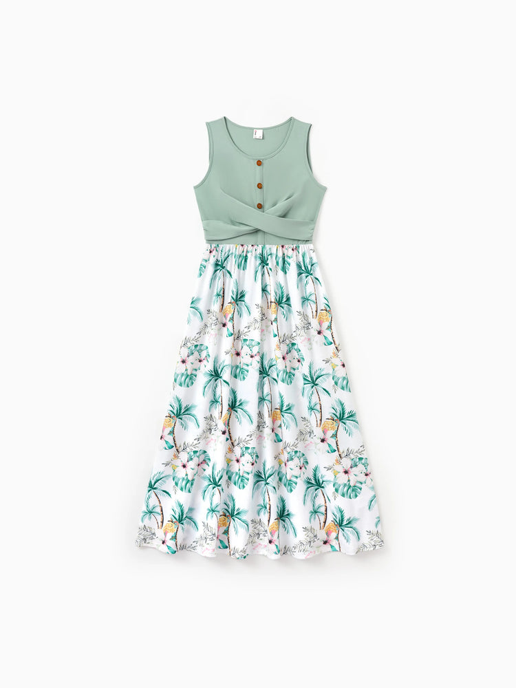 Family Matching Tropical Print Outfits Mommy & Me Tank Dress & Dad/Kids Cotton T-Shirt Set
 Green