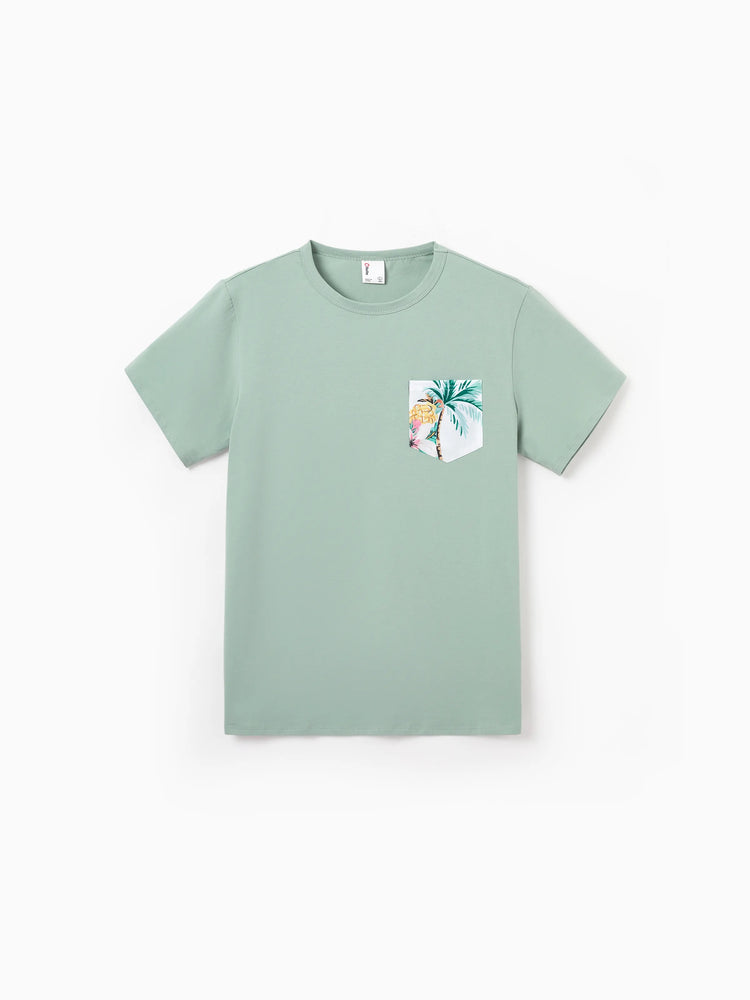 Daddy & Me Tropical Print Outfits,Daughter Tank Dress & Dad Cotton T-Shirt Set Green