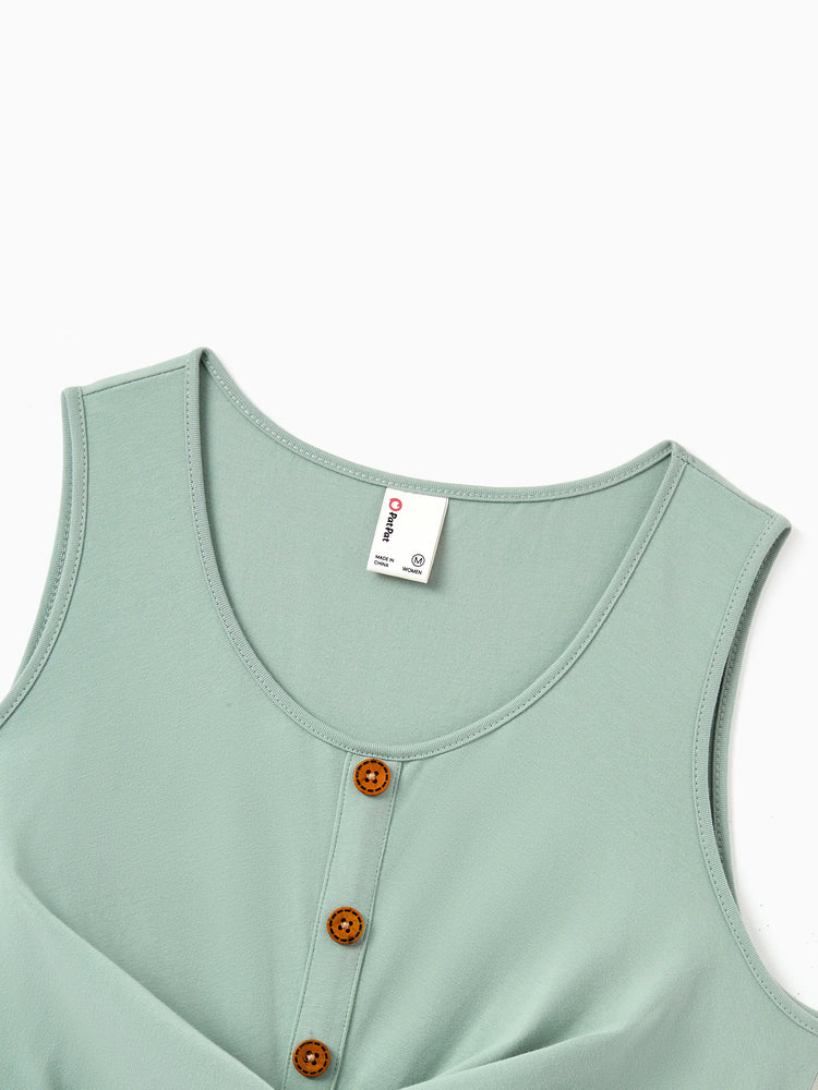 Family Matching Tropical Print Outfits Mommy & Me Tank Dress & Dad/Kids Cotton T-Shirt Set
 Green