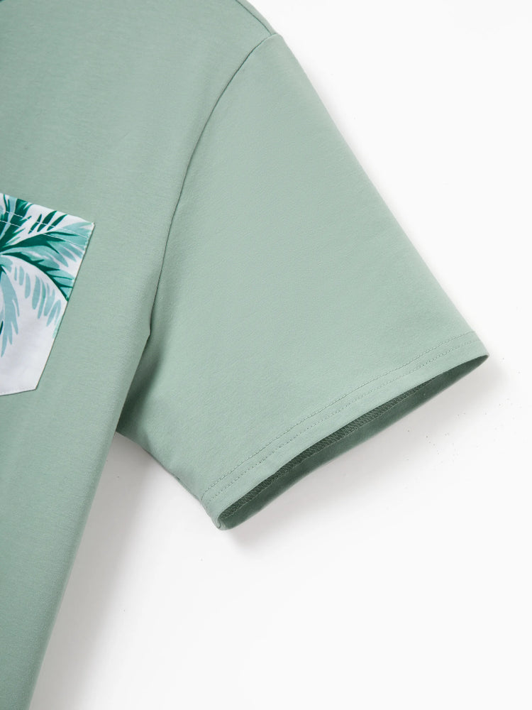 Daddy & Son Tropical Print Outfits,Dad/Kids Cotton T-Shirt Set Green