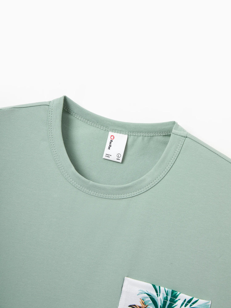 Daddy & Me Tropical Print Outfits,Daughter Tank Dress & Dad Cotton T-Shirt Set Green