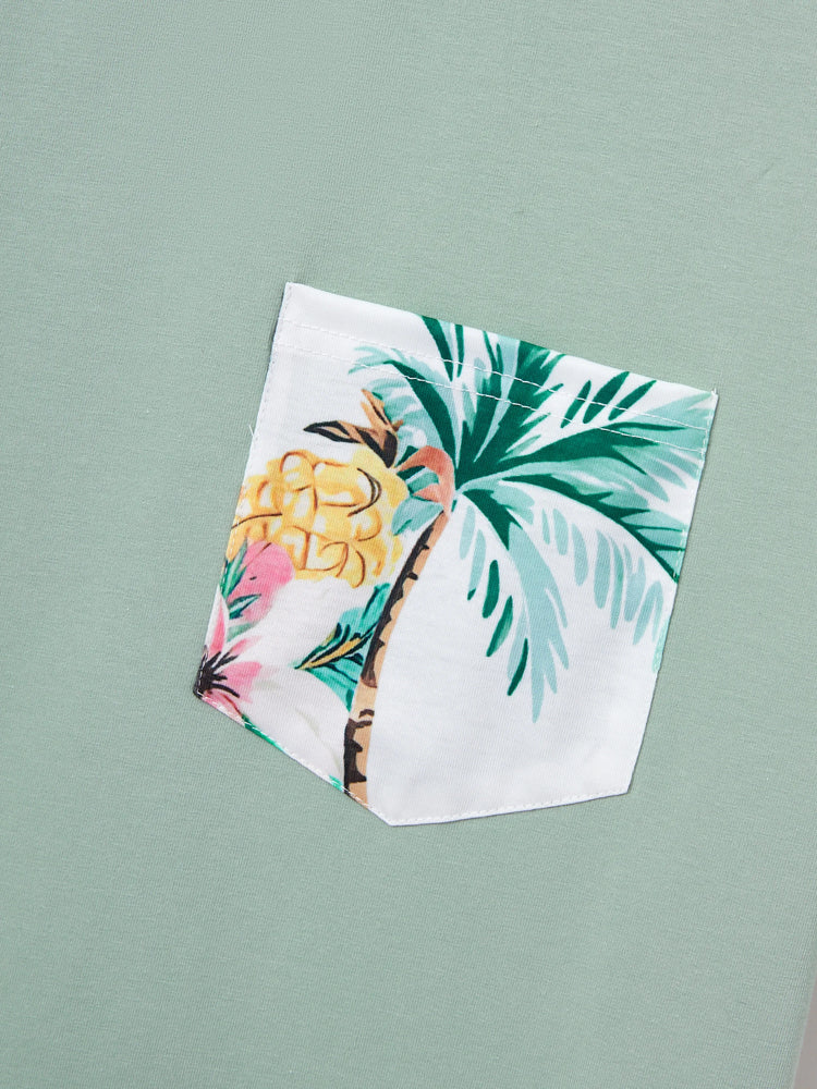 Daddy & Me Tropical Print Outfits,Daughter Tank Dress & Dad Cotton T-Shirt Set Green