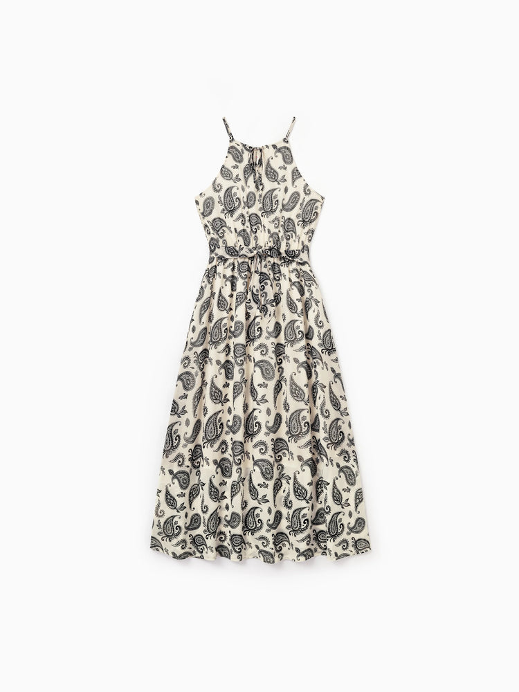 Mommy & me Paisley Print Outfits Sleeveless Spaghetti Strap Dress & Cotton T-Shirt for Mom, Dad, & Kids Perfect for Family Outings & Photos Black