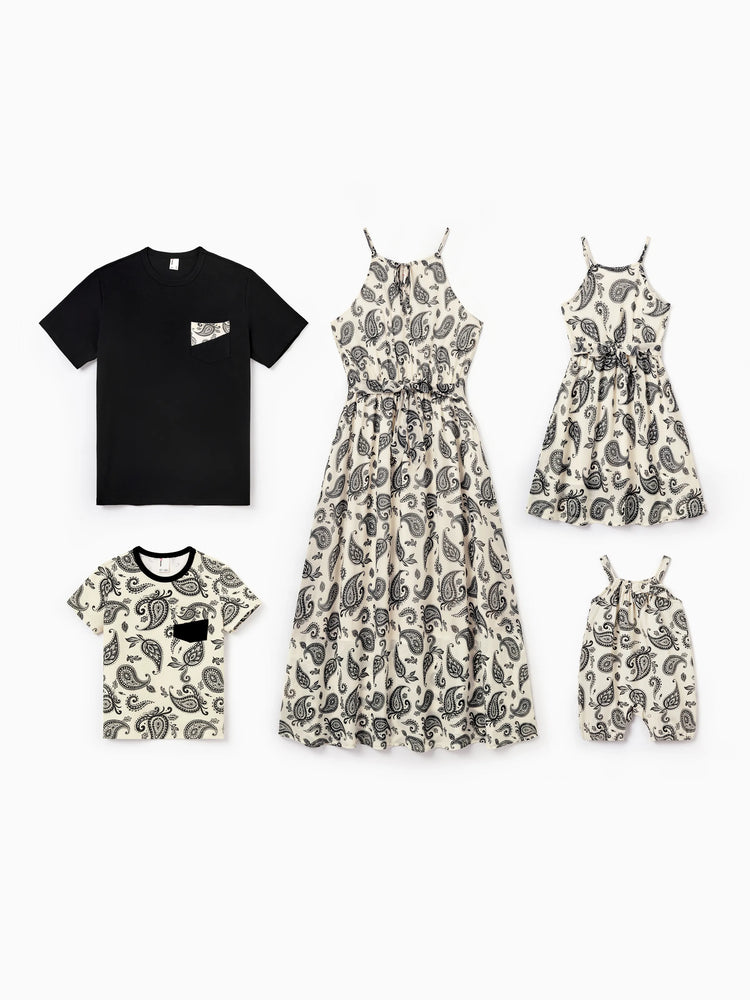 Daddy & Son Paisley Print Outfits Sleeveless Spaghetti Strap Dress & Cotton T-Shirt for Mom, Dad, & Kids Perfect for Family Outings & Photos Black