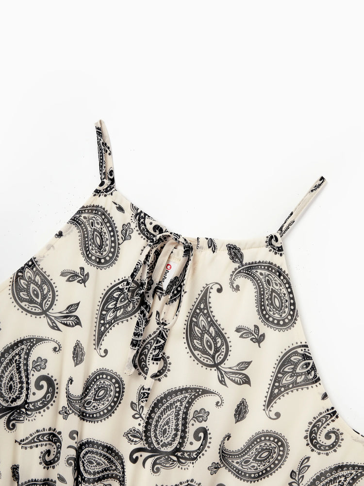 Family Matching Paisley Print Outfits Sleeveless Spaghetti Strap Dress & Cotton T-Shirt for Mom, Dad, & Kids Perfect for Family Outings & Photos
 Black