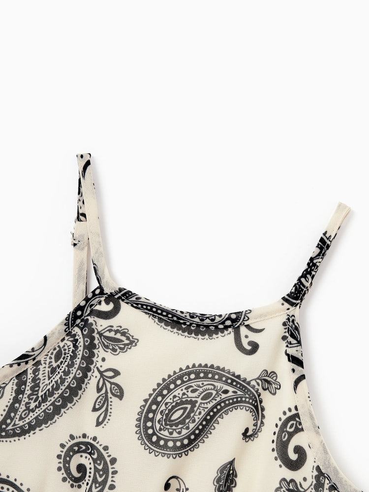 Family Matching Paisley Print Outfits Sleeveless Spaghetti Strap Dress & Cotton T-Shirt for Mom, Dad, & Kids Perfect for Family Outings & Photos
 Black