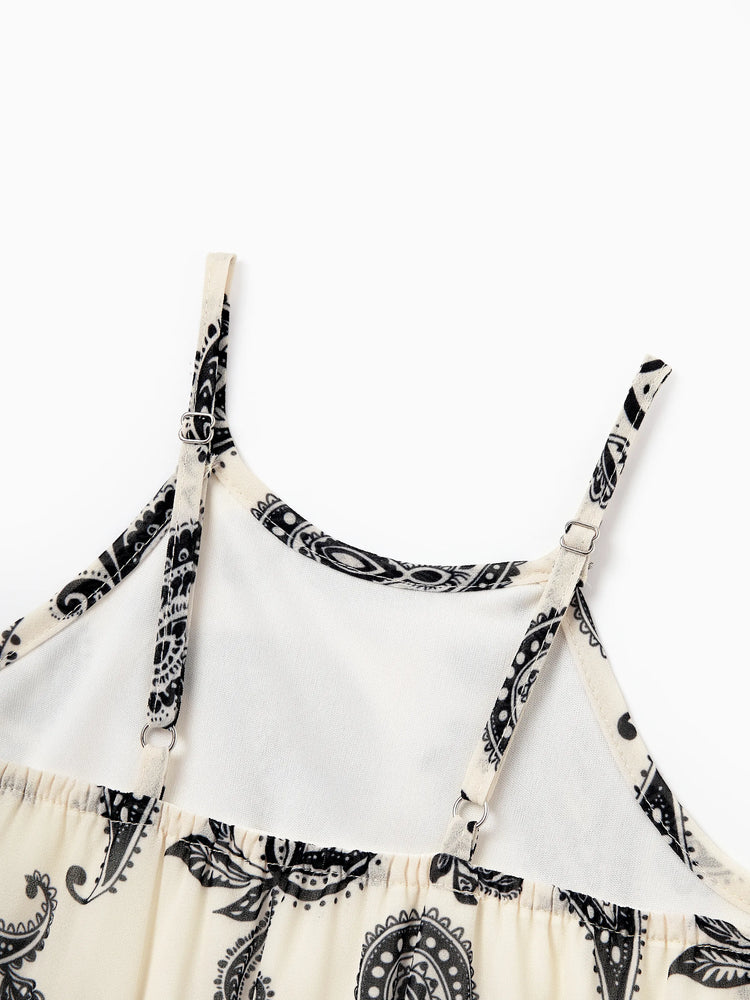 Family Matching Paisley Print Outfits Sleeveless Spaghetti Strap Dress & Cotton T-Shirt for Mom, Dad, & Kids Perfect for Family Outings & Photos
 Black