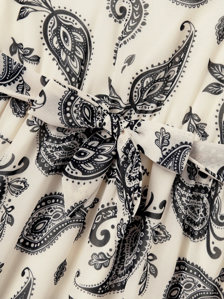 Family Matching Paisley Print Outfits Sleeveless Spaghetti Strap Dress & Cotton T-Shirt for Mom, Dad, & Kids Perfect for Family Outings & Photos
 Black