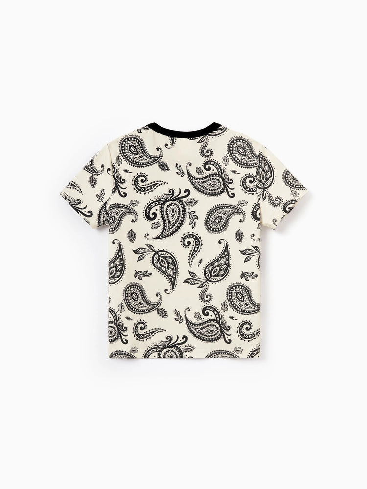 Family Matching Paisley Print Outfits Sleeveless Spaghetti Strap Dress & Cotton T-Shirt for Mom, Dad, & Kids Perfect for Family Outings & Photos
 Black