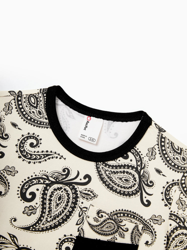 Daddy & Son Paisley Print Outfits Sleeveless Spaghetti Strap Dress & Cotton T-Shirt for Mom, Dad, & Kids Perfect for Family Outings & Photos Black