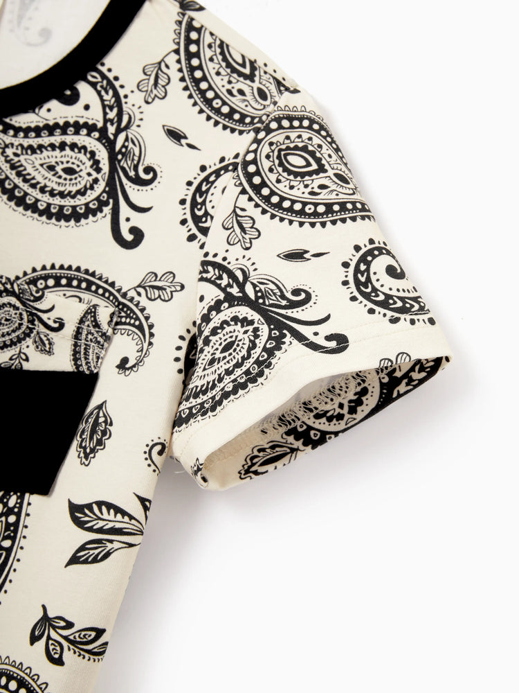 Daddy & Son Paisley Print Outfits Sleeveless Spaghetti Strap Dress & Cotton T-Shirt for Mom, Dad, & Kids Perfect for Family Outings & Photos Black