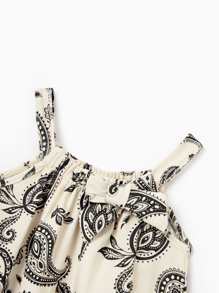 Family Matching Paisley Print Outfits Sleeveless Spaghetti Strap Dress & Cotton T-Shirt for Mom, Dad, & Kids Perfect for Family Outings & Photos
 Black