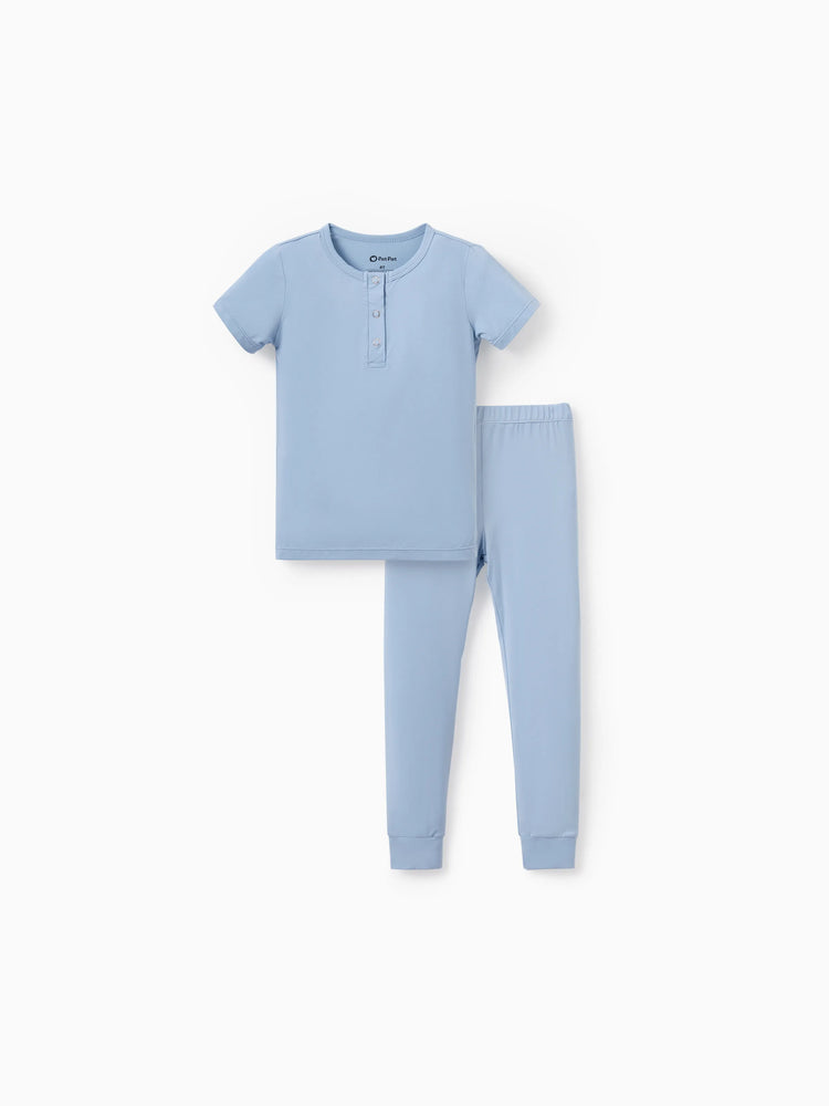 Daddy & Son Bamboo Pajamas Soft Bamboo Viscose PJs for Men Women Kids Toddler Baby, Classic Blue Short-sleeve Sleepwear with Button-Down Shirt and Pants Blue grey