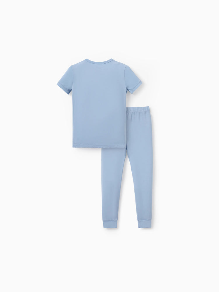 Daddy & Son Bamboo Pajamas Soft Bamboo Viscose PJs for Men Women Kids Toddler Baby, Classic Blue Short-sleeve Sleepwear with Button-Down Shirt and Pants Blue grey