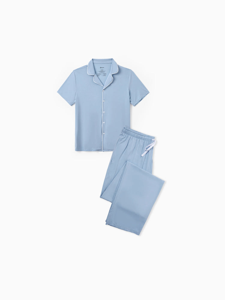 Daddy & Son Bamboo Pajamas Soft Bamboo Viscose PJs for Men Women Kids Toddler Baby, Classic Blue Short-sleeve Sleepwear with Button-Down Shirt and Pants Blue grey