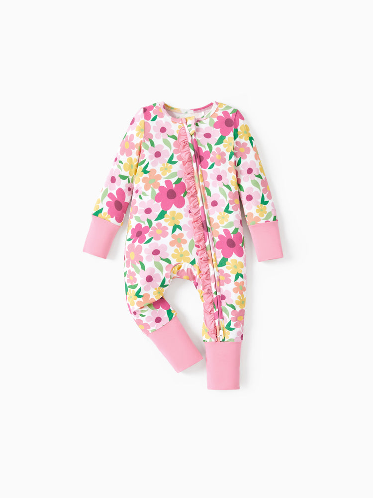 Grenouillère à manches longues et pieds intégrés, imprimée animaux, en bambou, rose foncé, fermeture éclair double sens, antidérapante, avec bandeau.