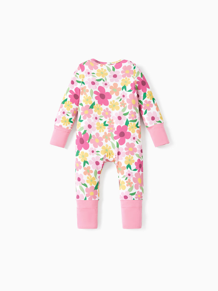 Grenouillère à manches longues et pieds intégrés, imprimée animaux, en bambou, rose foncé, fermeture éclair double sens, antidérapante, avec bandeau.