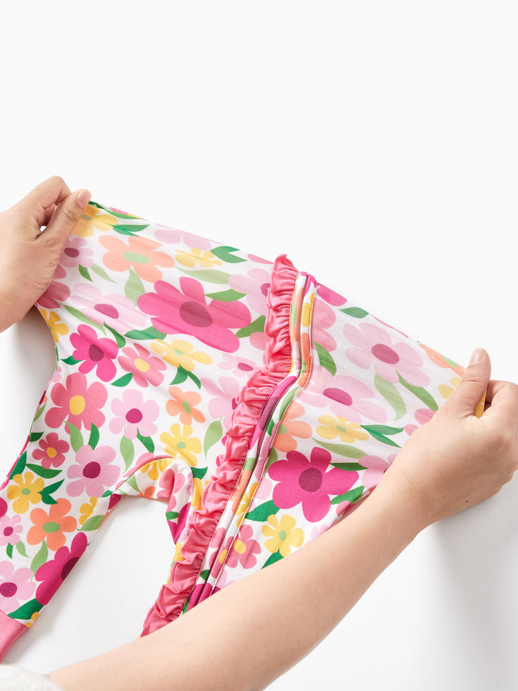 Grenouillère à manches longues et pieds intégrés, imprimée animaux, en bambou, rose foncé, fermeture éclair double sens, antidérapante, avec bandeau.