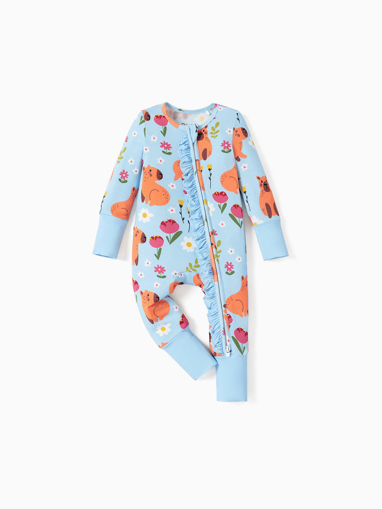 Grenouillère à manches longues et pieds, imprimée animaux, en bambou turquoise, avec fermeture éclair à double sens et bandeau.