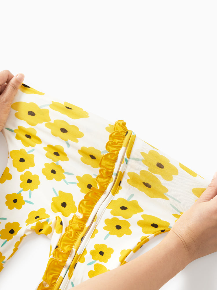 Bamboo Baby Boy/Girl Animal Printed 2-Way Zipper Anti Slip Long-sleeve Footie with/without Hairband Yellow