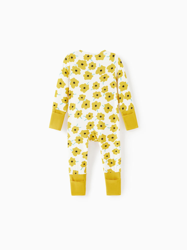 Bamboo Baby Boy/Girl Animal Printed 2-Way Zipper Anti Slip Long-sleeve Footie with/without Hairband Yellow