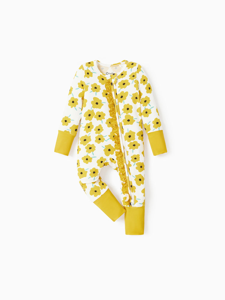 Bamboo Baby Boy/Girl Animal Printed 2-Way Zipper Anti Slip Long-sleeve Footie with/without Hairband Yellow