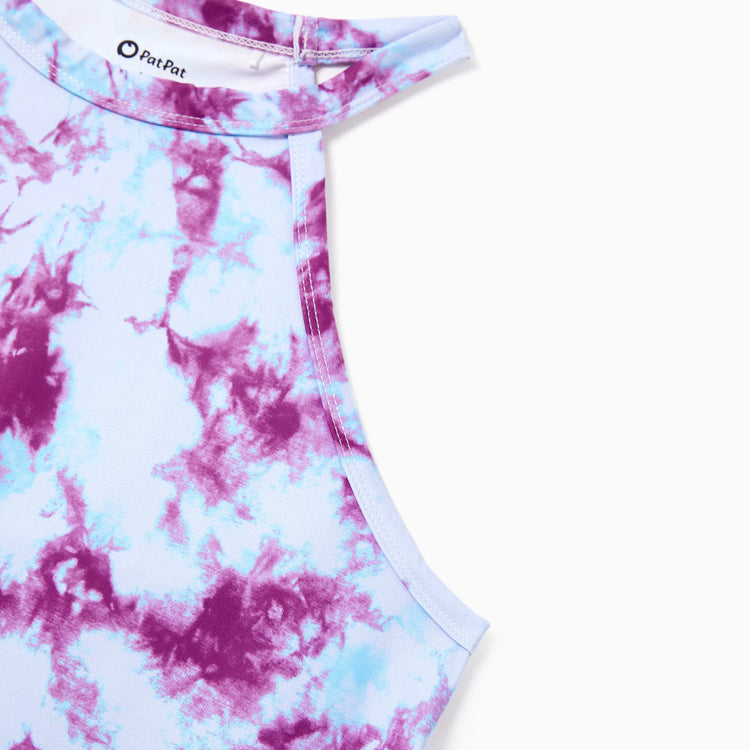 Matching Mommy and Me Tie Dye Skirt Set Halter Crop Top & Flowy Skirt Outfit, Cute Summer Twinning Looks for Vacation & Photos Purple