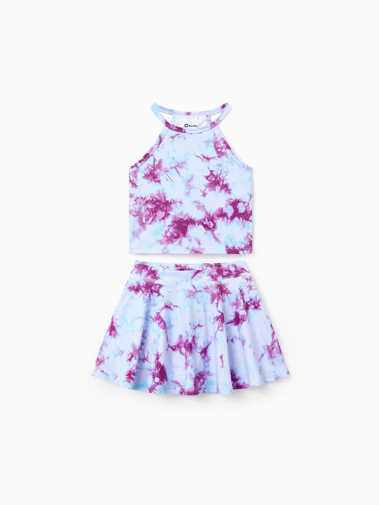 Matching Mommy and Me Tie Dye Skirt Set Halter Crop Top & Flowy Skirt Outfit, Cute Summer Twinning Looks for Vacation & Photos Purple