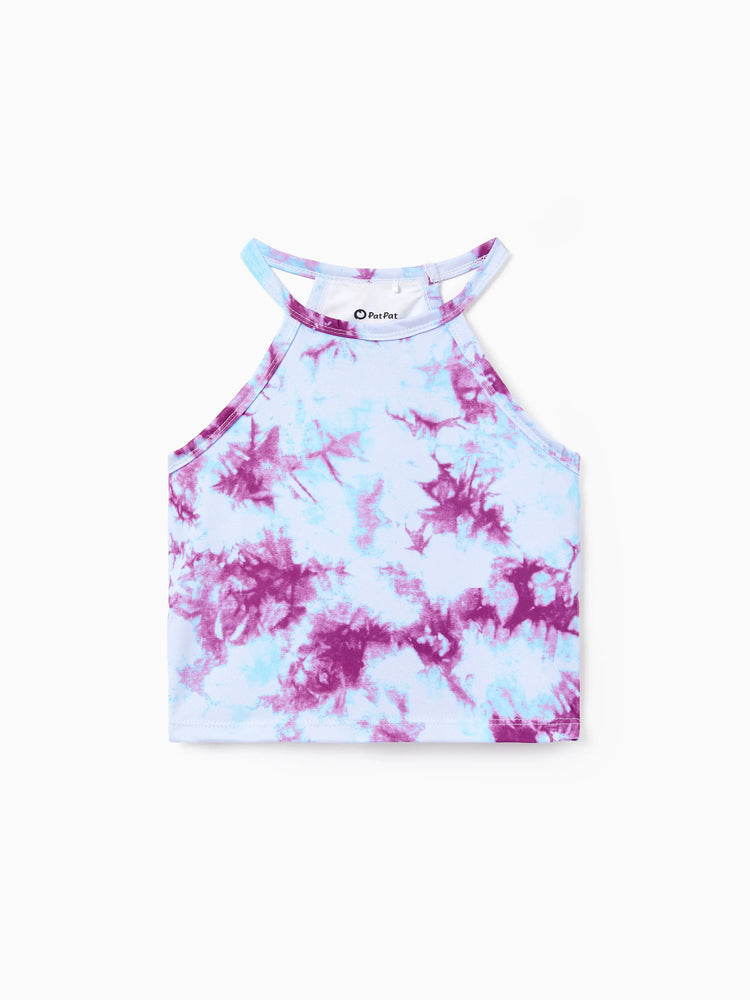 Matching Mommy and Me Tie Dye Skirt Set Halter Crop Top & Flowy Skirt Outfit, Cute Summer Twinning Looks for Vacation & Photos Purple