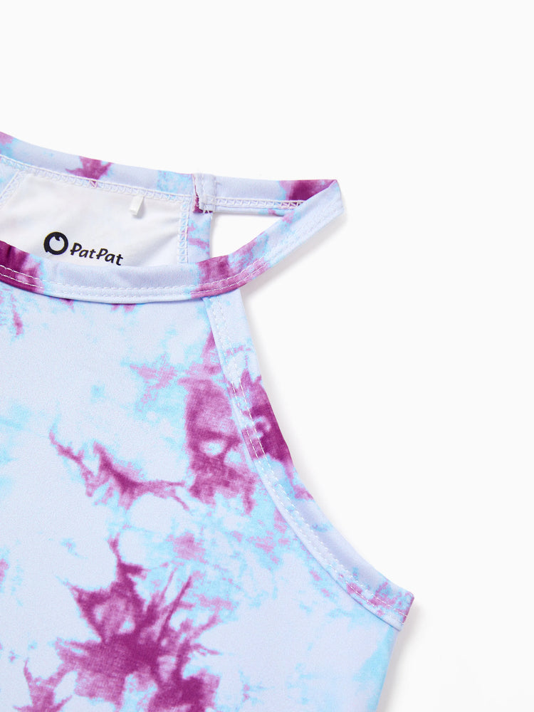 Matching Mommy and Me Tie Dye Skirt Set Halter Crop Top & Flowy Skirt Outfit, Cute Summer Twinning Looks for Vacation & Photos Purple