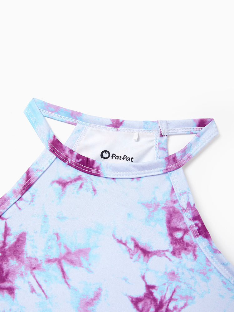 Matching Mommy and Me Tie Dye Skirt Set Halter Crop Top & Flowy Skirt Outfit, Cute Summer Twinning Looks for Vacation & Photos Purple
