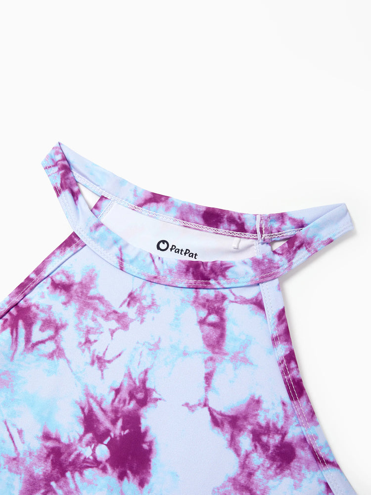 Matching Mommy and Me Tie Dye Skirt Set Halter Crop Top & Flowy Skirt Outfit, Cute Summer Twinning Looks for Vacation & Photos Purple