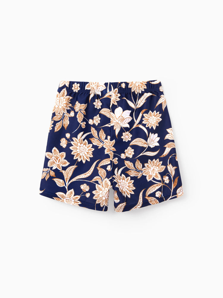 Daddy & Son Floral Print Swimsuits 2-in-1 One-Piece Swimsuit & Swim Trunks Deep Blue