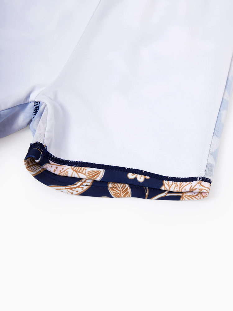 Daddy & Son Floral Print Swimsuits 2-in-1 One-Piece Swimsuit & Swim Trunks Deep Blue