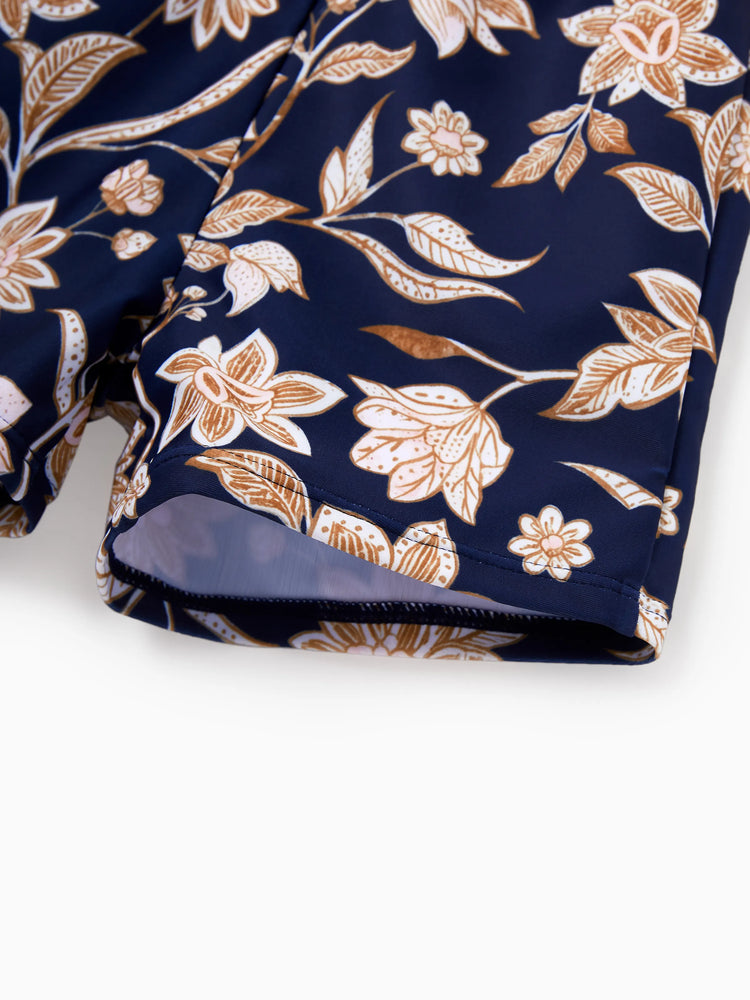 Daddy & Son Floral Print Swimsuits 2-in-1 One-Piece Swimsuit & Swim Trunks Deep Blue