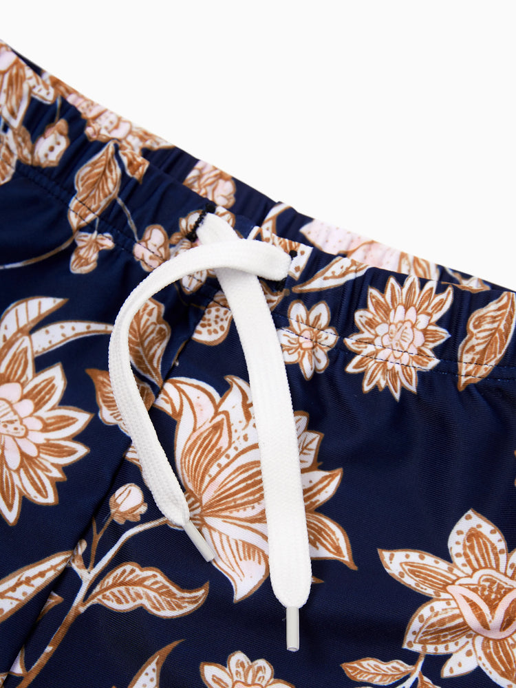 Daddy & Son Floral Print Swimsuits 2-in-1 One-Piece Swimsuit & Swim Trunks Deep Blue