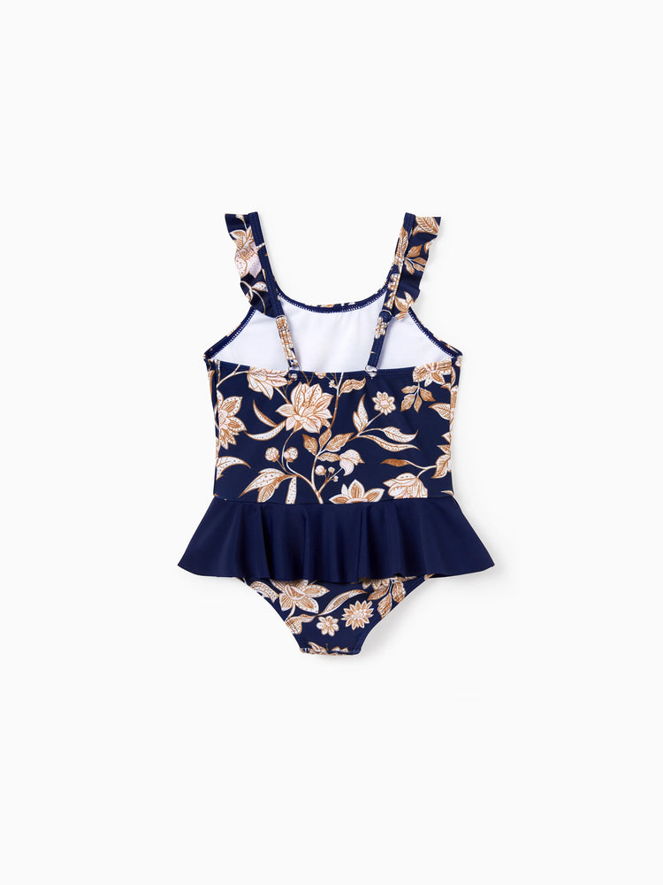 Toddler Girl Floral Print Swimsuits 2-in-1 One-Piece Swimsuit Deep Blue