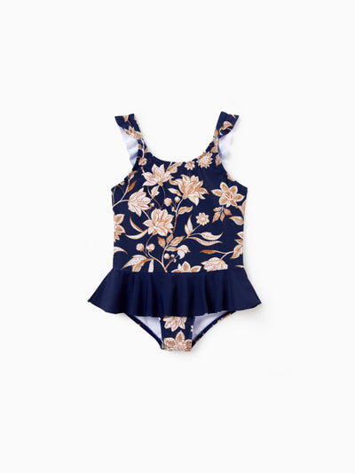 Toddler Girl Floral Print Swimsuits 2-in-1 One-Piece Swimsuit Deep Blue